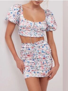 Floral Puff Sleeve Crop Top & Ruched Mini Skirt Set - White Floral